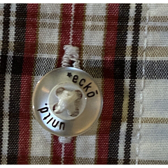 Ecko Mens L Earth Tone Plaid Cranberry Stripe Button Front Short Sleeve Shirt - Picture 9 of 10